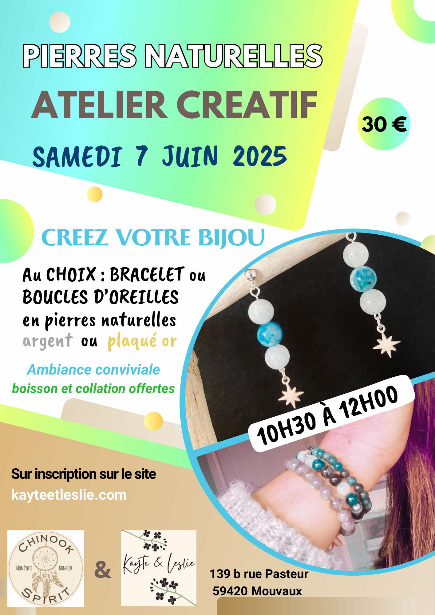 Atelier Créatif Bijoux : Bracelet en pierres naturelles ou boucles d’oreilles en argent/plaqué or – 16 mai à Mouvaux